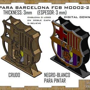 May include: Two wooden Barcelona FCB logo lamps, one in raw wood and the other in black and white for painting. The lamps are 3mm thick and are digital downloads. The image also shows the available file formats: DXF, PDF, SVG, JPG, PSD, AI, and CDR.