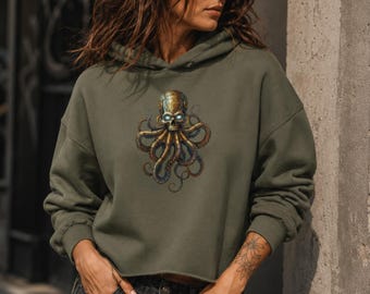 Cropped hoodie voor dames – Steampunk Octopus & Mechanical Skull