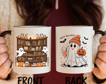 Halloween Ghost Reading Mug, Cute Spooky Coffee Cup, Book Lover Skeleton Mug, Cozy Fall Pumpkin Bookshelf Mug, Black Halloween Gift