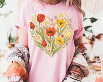 Tulp bloemenshirt Comfort kleuren Cottagecore T-shirt Boho Botanische bloemen T-shirt Fairycore Cadeau voor tuinliefhebber Natuur Esthetisch Top