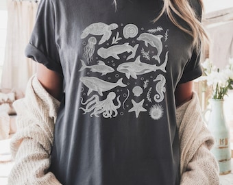 Camiseta vintage de animais marinhos dos anos 90, camiseta retrô Y2K Ocean Comfort Colors®, camiseta com baleia, golfinho e tartaruga, camiseta unissex com estampa de vida marinha