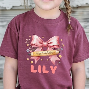 Coquette Back to School Shirt for Girls, Toddler First Day of School Outfit, Custom Name Kids Tee, 1st Day of School Girl Shirt Gift