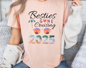 Camiseta Besties Gone Cruising 2025, camiseta combinando para viagem com as meninas, camiseta de cruzeiro das melhores amigas, camiseta feminina para férias em cruzeiro, camiseta de cruzeiro em grupo