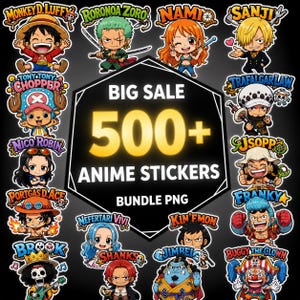 May include: A collection of colorful anime character stickers. The image features various characters with the text "BIG SALE 500+ ANIME STICKERS BUNDLE PNG". The stickers are in a variety of poses and styles.