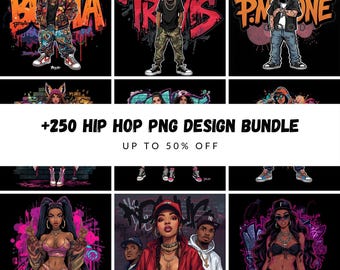 250+ hiphop-png-ontwerpbundel, rapthema-graphics, vintage rap-T-shirt (digitale download)