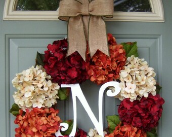 Fall Wreath - Fall Hydrangea Wreath - Fall Hydrangea Door Wreath - Fall Monogram Wreath