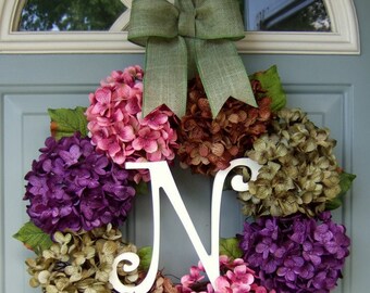 Summer Wreath - Monogram wreath for Summer Door - Summer Hydrangea Wreath - Front Door Wreath