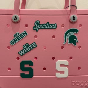 Michigan State MSU Bogg Bag Charm Set – Spartans Script, Sparty Head, Go Green, Go White, Block S – Beach Bag Charms, Tailgate Alumni Gift