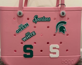 Michigan State MSU Bogg Bag Charm Set – Spartans Script, Sparty Head, Go Green, Go White, Block S – Beach Bag Charms, Tailgate Alumni Gift