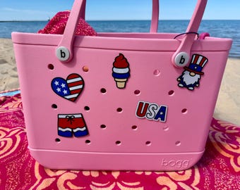 Patriotic Bogg Bag Charms – American Flag Heart, Swimming Trunks, Ice Cream, Gnome, USA – Perfect Memorial Day & 4th of July Bag Accessories