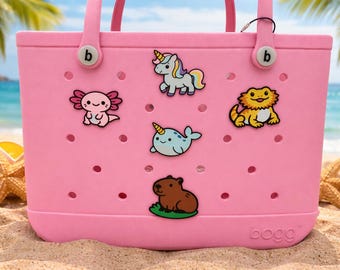Cute Animal Bogg Bag Charms Set | Unicorn, Axolotl, Narwhal, Capybara, Lizard | Beach Tote Accessories
