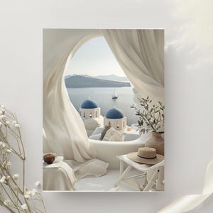 Santorini Griechenland Wandkunst - Minimalistisches Küstenposter Ägäisches Meer Reisedruck - Schlafzimmer Wohnzimmer Digitaler Download Dekor