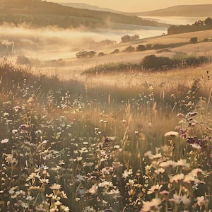 Golden Hour Wildflower Meadow Print: Rustic Landscape Wall Art (Digital Download