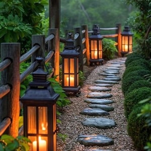 Könnte beinhalten: Ein Steinweg schlängelt sich durch einen Garten, beleuchtet von Kerzenlaternen. Die Laternen mit ihren dunklen Metallrahmen sind entlang eines Holzzauns platziert. Üppiges Grün und kleine Kiesel säumen den Weg und schaffen eine ruhige Szene im Freien.