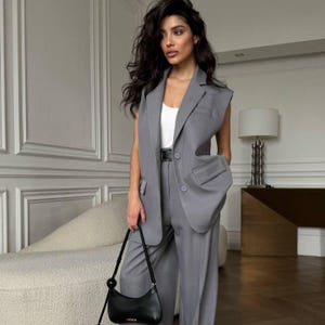 Palazzo Pantsuit with Long Vest: Elegant Minimalist Office Wear