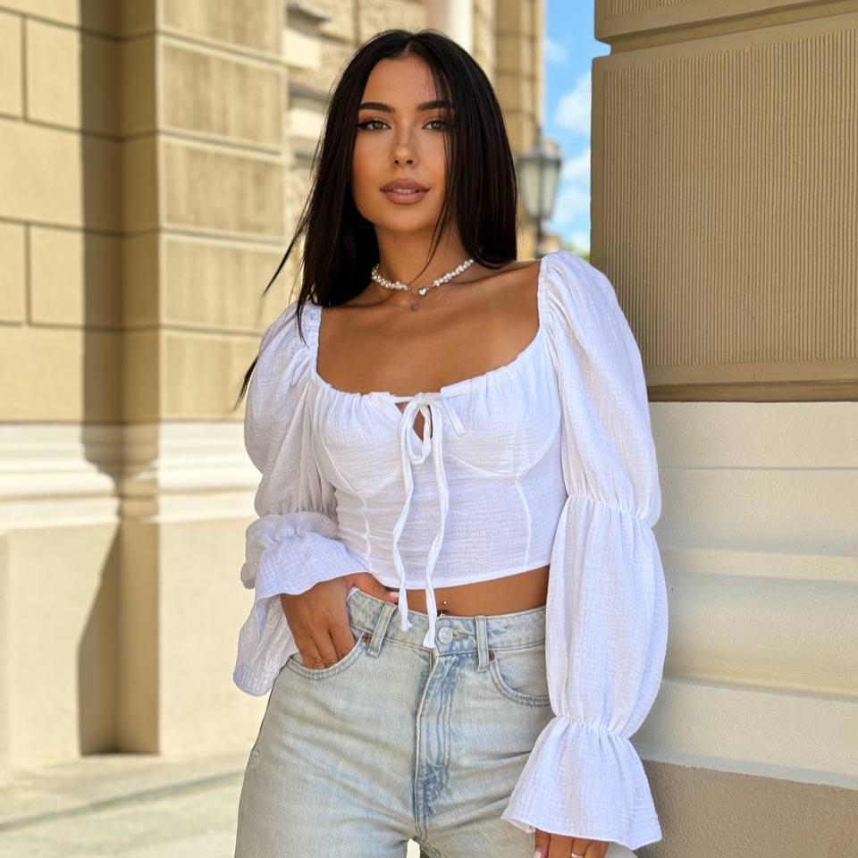 White Cotton Muslin Top,Puff Sleeve Crop Blouse,Romantic Boho Corset Style Shirt,Handmade Summer Blouse