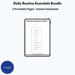 Könnte beinhalten: Ein digitales Tablet, das eine "Tägliche Aufgaben- und Routine-Checkliste" mit Kontrollkästchen für Aufgaben wie Bettenmachen und Geschirrspülen anzeigt. Das Bild enthält den Text "Daily Routine Essentials Bundle" und "5 Printable Pages~ Instant Download."