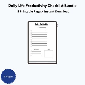 Puede incluir: Una tableta digital que muestra una plantilla de "Lista de tareas diarias". La pantalla muestra una lista de verificación con espacio para la fecha, las prioridades y las notas. El texto "Daily Life Productivity Checklist Bundle" y "5 Printable Pages" está en la parte superior.