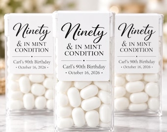 May include: Three clear rectangular plastic containers filled with white mint candies. Each container features a white label with black text reading "Ninety & IN MINT CONDITION", "Carl's 90th Birthday", and the date "October 16, 2026" printed on the front.