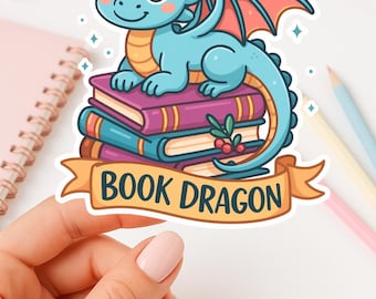Book Dragon Sticker, Cute Kawaii Decal for Readers