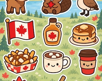 Paquete de pegatinas Kawaii de Canadá: animales e iconos canadienses
