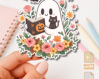Floral Ghost with Cat Sticker – Spooky Halloween Book Decal