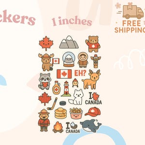 Kawaii Kanada Sticker Pack - 24 süsse kanadische Vinyl Aufkleber, Ahornblatt, Tiere & Symbole