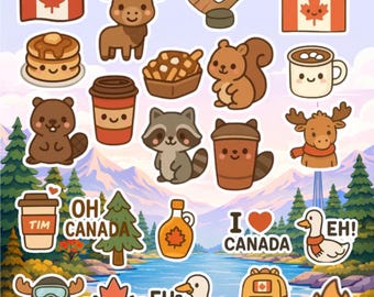 Puede incluir: Un paquete de pegatinas con varias ilustraciones de temática canadiense que incluyen un alce, castor, ardilla, mapache, ganso, hoja de arce, bandera, tazas de café, poutine, palos de hockey, una mochila y una fogata con texto Oh Canada, I Love Canada y Eh.