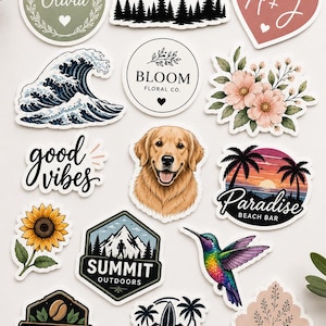 May include: A collection of assorted vinyl stickers featuring various designs including a mountain range, a golden retriever, a sunflower, a hummingbird, a wave, and logos for Bloom Floral Co., Summit Outdoors, Blackridge Coffee Co., and Coastline Surf Shop.