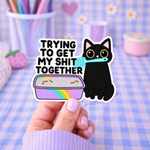 May include: A sticker with the text "TRYING TO GET MY SHIT TOGETHER." It shows a black cat with a blue litter scoop, and a purple litter box with a rainbow. The sticker is held by a person.