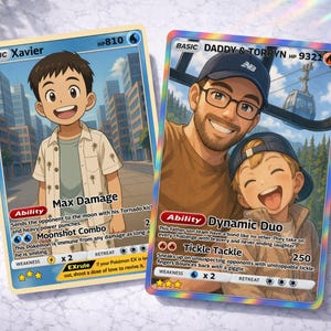 May include: Two illustrated trading cards. One features a boy named Xavier with "Max Damage" text. The other card shows a father and son with the text "Dynamic Duo." The cards have HP values.