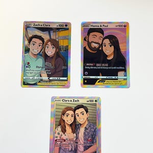 Custom Poke Style Card – Personalized Anime Couple or Family – Rainbow or Heart Holographic – Includes Top Loader