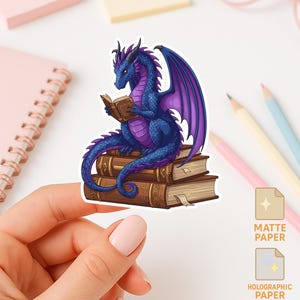 Book Dragon Sticker Purple Dragon Reading Books Fantasy Vinyl Decal Waterproof Cute Mythical Creature Sticker for Laptop- U.S. Duty free!!