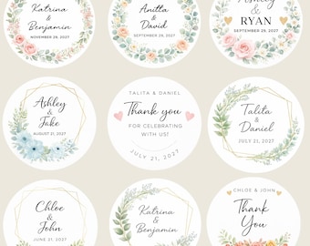 Personalized Wedding Favor Labels | Custom Floral Round Thank You
