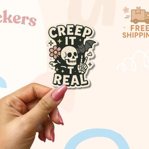 Creep It Real Sticker – Cute Gothic Skeleton and Bat Halloween Decal, Spooky Aesthetic Sticker for Laptop, Water Bottle, or Journal