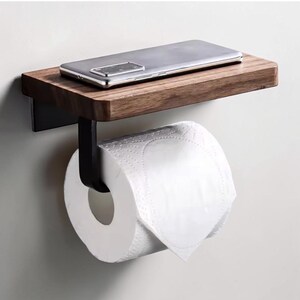 Toilet Paper Holder with Shelf | Walnut Wood Matte Black Wall Mount | Bathroom Roll Organizer | Phone Shelf | Rustic Farmhouse Decor