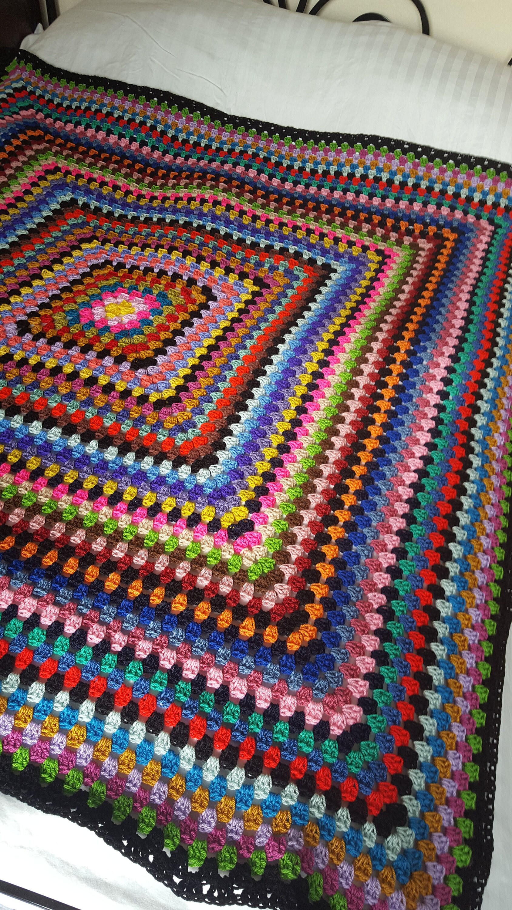 Black Retro Large Granny Square Crochet Blanket Rainbow