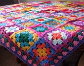 Crochet Blanket Distinctive Granny Squares Afghan Bright Vivid Colors