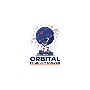Può includere: Adesivo con un astronauta in piedi su libri, con un pianeta blu e anelli orbitali. Il testo "ORBITAL PROBLEM SOLVER" è sotto l'immagine, con dettagli arancioni e bianchi.