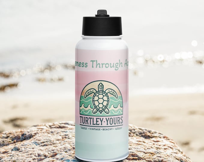Featured listing image: Turtley Yours 32 oz Stainless Steel Pink and Seafoam Water Bottle – Vintage Sea Turtle Design | Insulated Eco Bottle | Beachy Reusable Gift