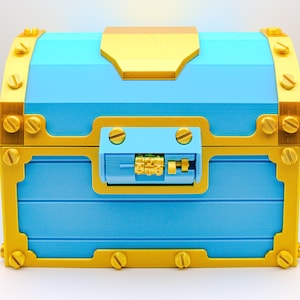 May include: A blue treasure chest with gold-colored accents. The chest features a combination lock and is adorned with decorative screws. The design includes a gold-colored top and trim, creating a striking contrast against the blue body.