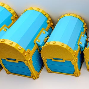 May include: A collection of blue treasure chests with gold accents. The chests have a barrel-like shape with gold trim, handles, and decorative rivets. The chests are arranged in a row, decreasing in size.