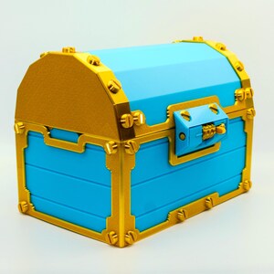 May include: A blue treasure chest with gold-colored trim and accents. The chest has a domed lid and a combination lock on the front. The chest is made of a hard material and has a smooth finish.