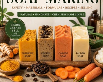 Libro electrónico sobre cómo hacer jabón mediante el proceso en frío / Guía de recetas de jabón para principiantes / Jabón de cúrcuma, café y sebo de zanahoria / Cuidado de la piel natural casero / Guía para el negocio del jabón