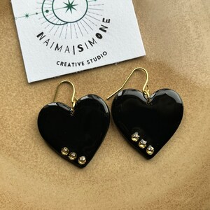 Statement heart dangle earrings | valentine&#39;s day black earrings | handmade polymer clay earrings | black heart earrings