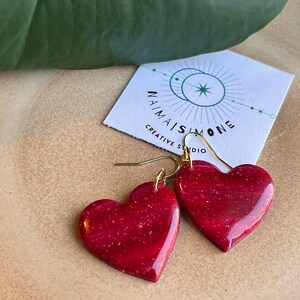 Clay Heart Earrings, Valentines Day Earrings, Magenta Heart Earrings, Clay Dangle Earrings