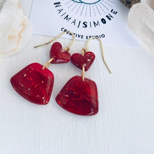 Clay heart dangle earrings, Magenta Valentine’s Day earrings, clay earrings for her