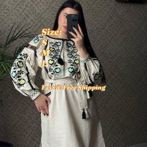 Embroidered Ukrainian Linen Dress | Loose Fit Vyshyvanka with Belt | Boho Midi Folk Dress | Handmade Slavic Clothing for Women Tunic Boho