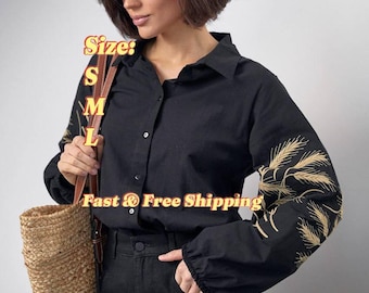 Camicia Vyshyvanka in cotone nero con ricamo a spiga di grano, blusa ucraina