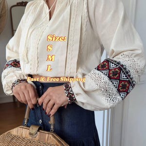 Boho Ukrainian Embroidered Blouse – Handmade Vintage-Inspired Vyshyvanka Crop Top with Geometric Sleeves | Folk Linen Peasant Shirt  Gift